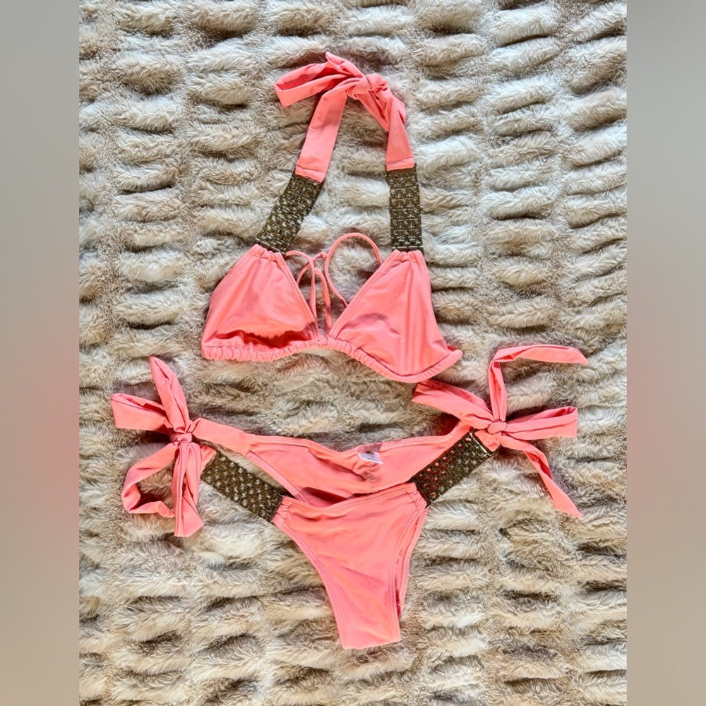 Coral Pink Tie-Side Halter Bikini with Gold Plate Accents